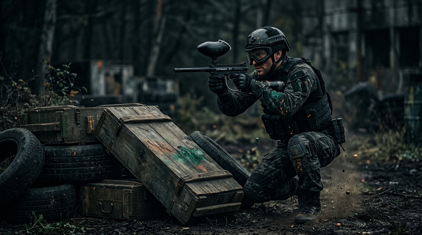 Igralec paintballa v taktični opremi na terenu